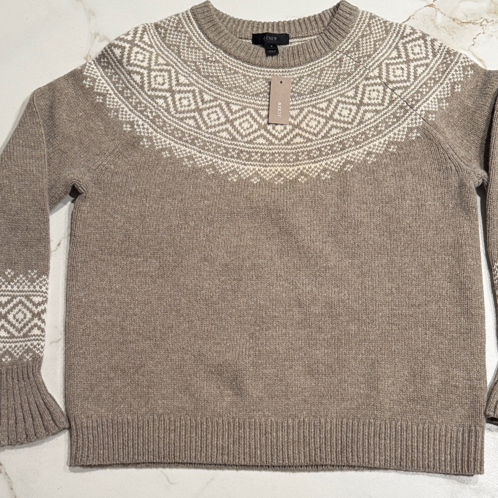 J. Crew Tan and White Fair Isle Crewneck Sweater